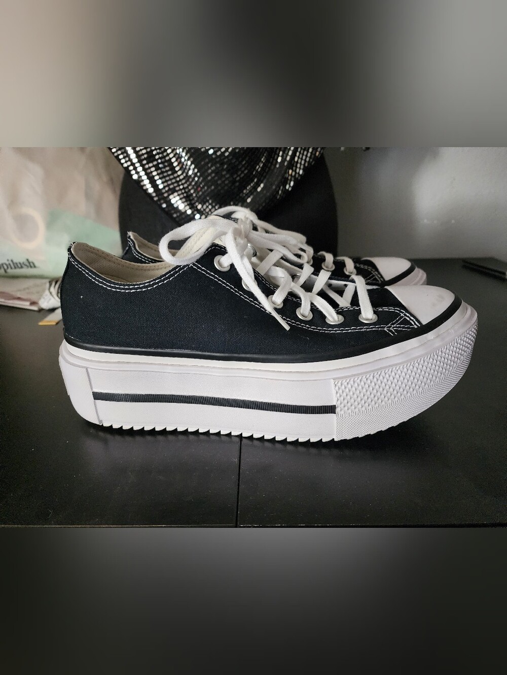 Women's Black Platform Canvas Sneakers with White Accents